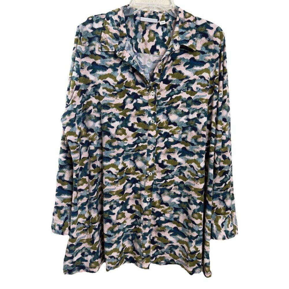 Susan Graver XL Button Up Tunic Poly/Spandex Camo-Great Material EUC
